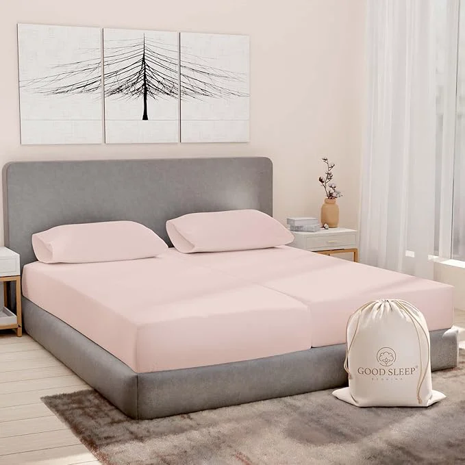 Crafted Good Sleep Bedding Split King Sheets Sets for Adjustable Bed Cotton Luxury Sheets Egyptian Cotton Sheets 5 Piece Cotton Split King Sheet Set Sateen Weave 2 Fitted – 16 quot Deep Pocket Blush Optimized