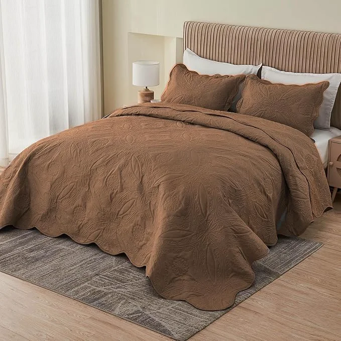 Proven Kingnex Oversized King Bedspreads 128×120 for Extra Wide Tall King or Cal King Bed Ultrasonic Quilted Coverlet Set 3 Piece Include 1 Quilt 2 Pillowcases Coffee Practical