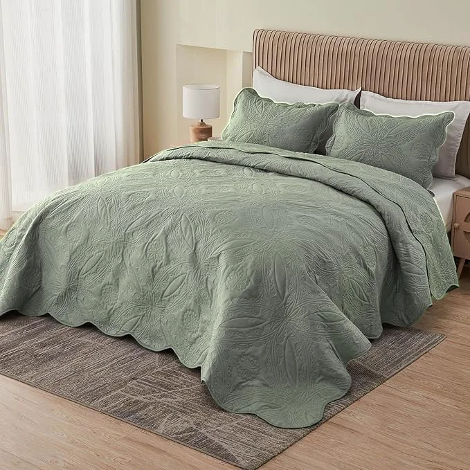 Next-Generation Kingnex Oversized King Bedspreads 128×120 for Extra Wide Tall King or Cal King Bed Ultrasonic Quilted Coverlet Set 3 Piece Include 1 Quilt 2 Pillowcases Sage Premium Material