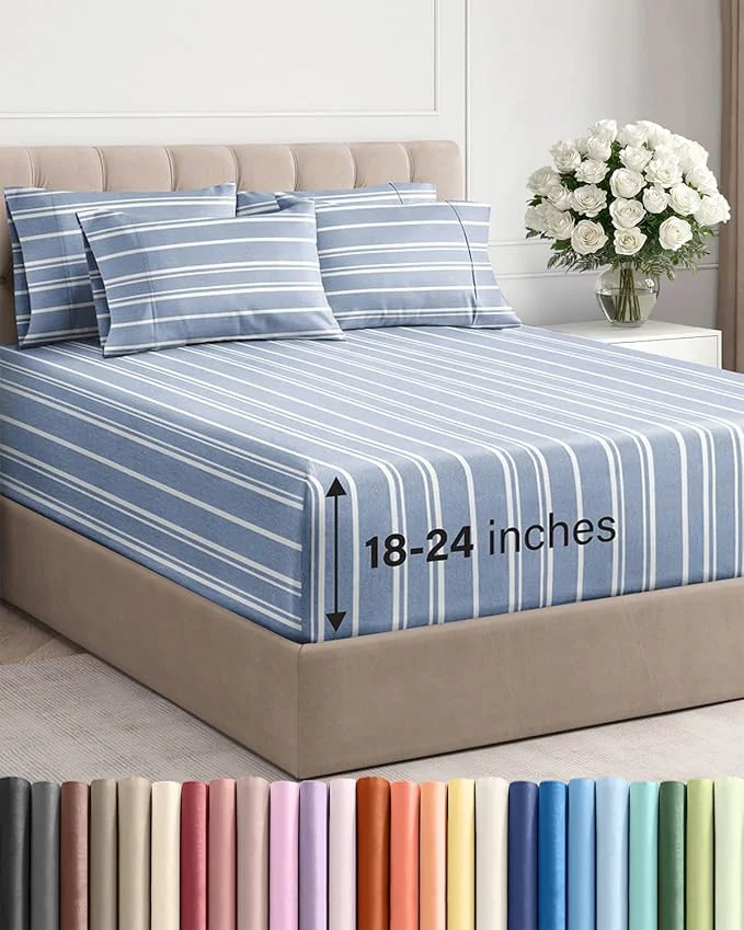 Elite Extra Deep King Sheet Set – 6 Piece Breathable and Cooling Sheets – Hotel Luxury Bedding for Women Men Kids amp Teens – Easy amp Secure Fit – Soft and Wrinkle – Extra Deep Pockets – Blue Stripes Optimized