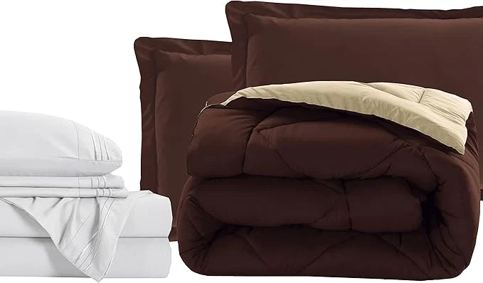 Clean Elegant Comfort 7-Piece Bed-in-a-Bag Comforter amp Sheet Set- Luxury 1500 Thread Count 7-Piece RV SHORT Size Bed-in-a-Bag Cozy Bed Sheets and Comforter Set Wrinkle and Stain Resistant Brown Cream High-Grade