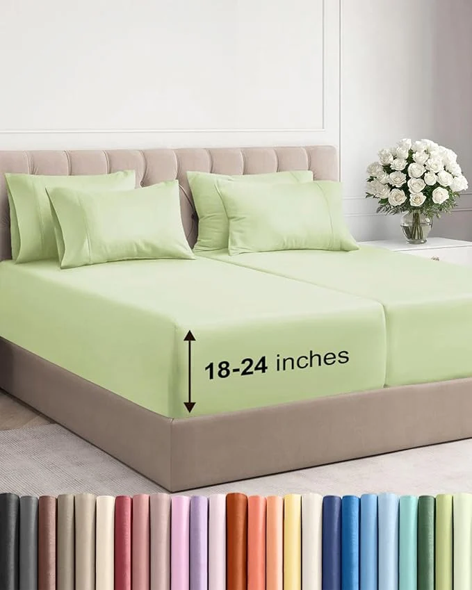 Trendy Extra Deep Split King Sheet Set – 7 Piece Breathable and Cooling Sheets – Hotel Luxury Bedding for Women Men Kids amp Teens – Easy Secure Fit – Soft amp Wrinkle – Extra Deep Pockets – Light Sage Refined