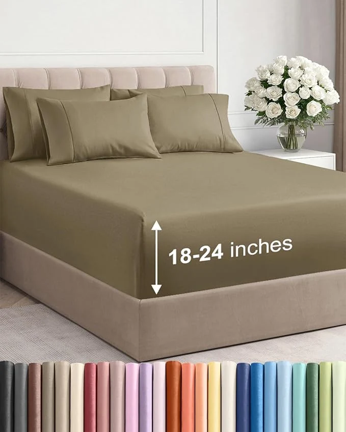 Smooth Extra Deep Cal King Sheet Set – 6 Piece Breathable and Cooling Sheets – Hotel Luxury Bedding for Women Men Kids amp Teens – Easy Secure Fit – Soft Wrinkle and Comfy – Extra Deep Pockets – Khaki Genuine