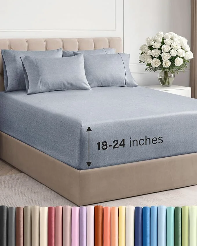 Unique Extra Deep Cal King Sheet Set – 6 Piece Breathable and Cooling Sheets – Hotel Luxury Bedding for Women Men Kids amp Teens – Easy Secure Fit – Soft amp Wrinkle – Extra Deep Pockets – Heathered Blue Elite