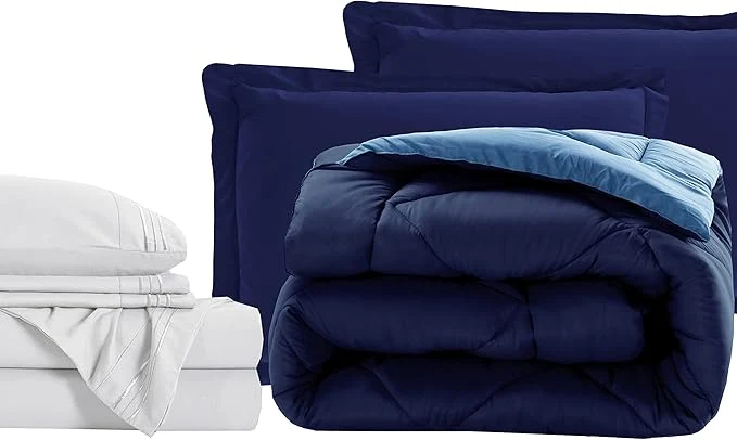 Minimalist Elegant Comfort 7-Piece Bed-in-a-Bag – Luxury 1500 Thread Count Queen Size Super Cozy Sheets amp Comforter Set Wrinkle amp Stain Resistant Navy Aqua Exceptional