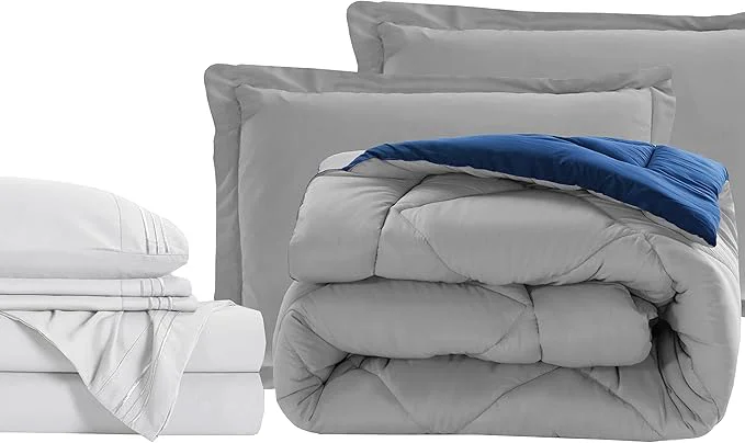 Durable Elegant Comfort 7-Piece Bed-in-a-Bag Comforter amp Sheet Set- Luxury 1500 Thread Count 7-Piece Cali King Size Bed-in-a-Bag Cozy Bed Sheets and Comforter Set Wrinkle and Stain Resistant Silver Navy Organic