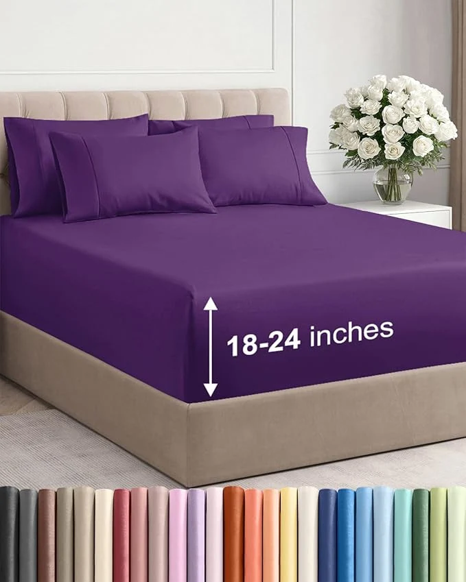 Fine Crafted Extra Deep Cal King Sheet Set – 6 Piece Breathable and Cooling Sheets – Hotel Luxury Bedding for Women Men Kids amp Teens – Easy amp Secure Fit – Soft Wrinkle amp Comfy – Extra Deep Pockets – Purple Smart