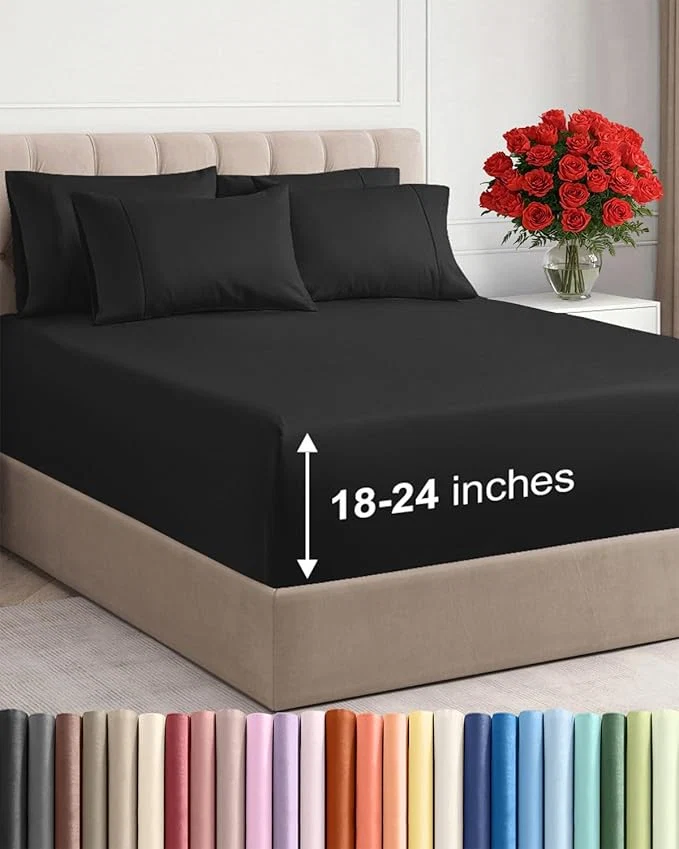 Specialty Extra Deep Queen Sheet Set – 6 Piece Breathable and Cooling Sheets – Hotel Luxury Bedding for Women Men Kids amp Teens – Easy amp Secure Fit – Soft Wrinkle and Comfy – Extra Deep Pockets – Black Elegant