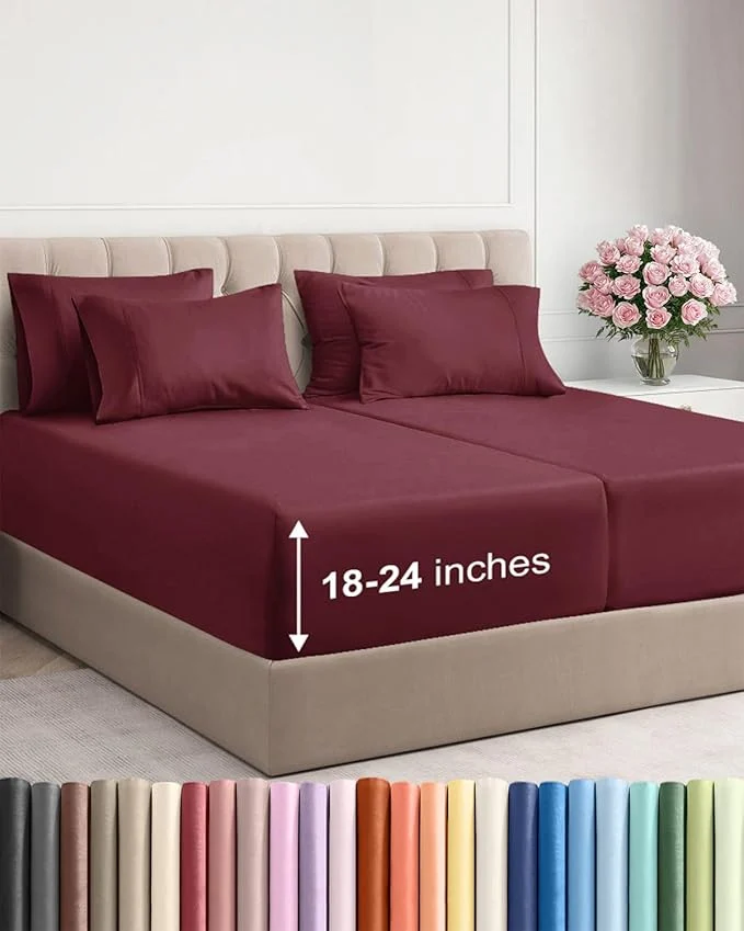 Elite Extra Deep Split King Sheet Set – 7 Piece Breathable and Cooling Sheets – Hotel Luxury Bedding for Women Men Kids amp Teens – Easy amp Secure Fit – Soft and Wrinkle – Extra Deep Pockets – Burgundy Responsible