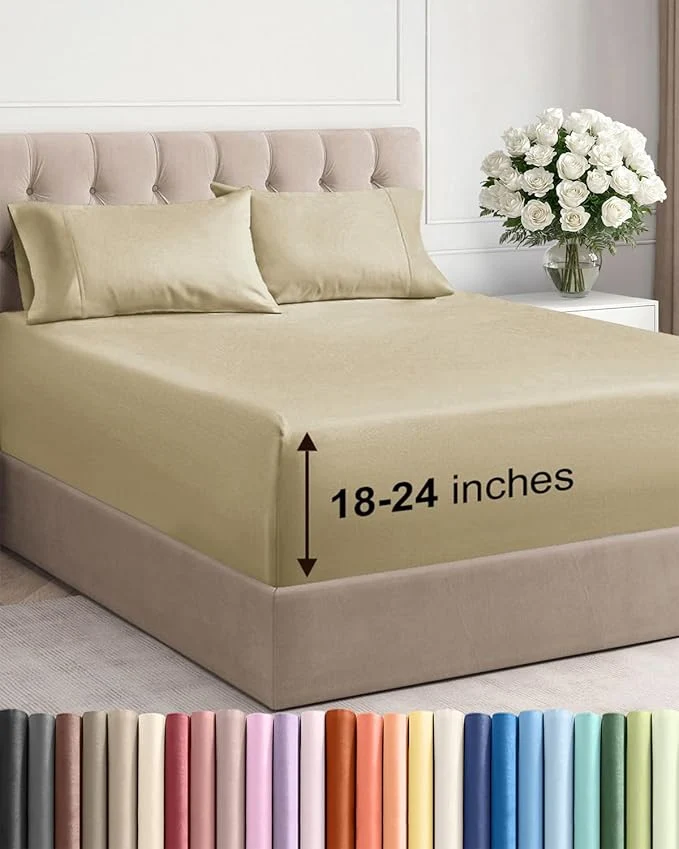 Top-Quality Extra Deep Twin XL Sheet Set – 4 Piece Breathable and Cooling Sheets – Hotel Luxury Bedding for Women Men Kids amp Teens – Easy amp Secure Fit – Soft Wrinkle and Comfy – Extra Deep Pockets – Beige Verified