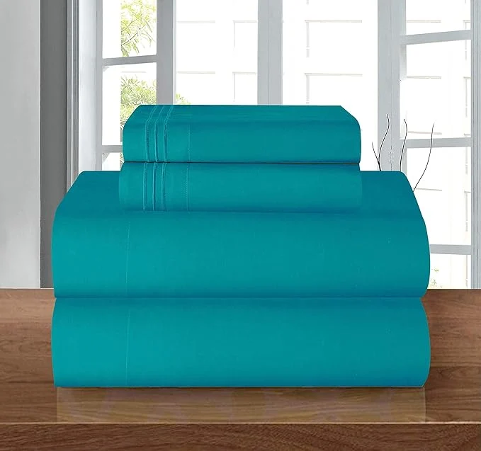 Eco-Friendly Elegant Comfort Luxury Soft 1500 Premier Egyptian 4-Piece Premium Hotel Quality Wrinkle Resistant Coziest Bedding Set All Around Elastic Fitted Sheet Deep Pocket up to 16inch King Turquoise Expertly Made