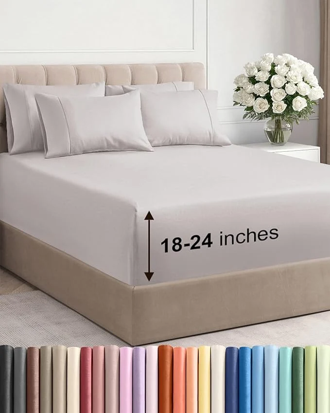 Stylish Extra Deep Full Sheet Set – 6 Piece Breathable and Cooling Sheets – Hotel Luxury Bedding for Women Men Kids amp Teens – Easy amp Secure Fit – Soft Wrinkle amp Comfy – Extra Deep Pockets – Light Grey Original Design