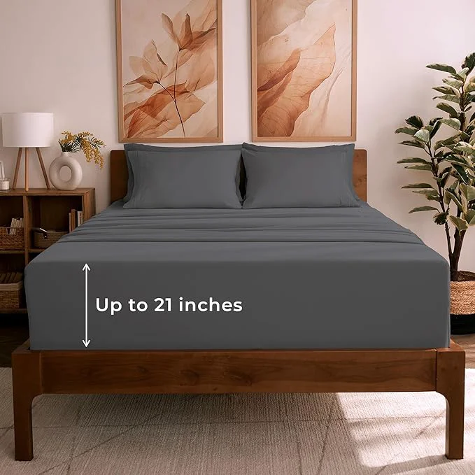 Elite Mellanni California King Sheet Set – 6-Piece Iconic Collection Bedding Including 4 Pillowcases 21-Inch Extra Deep Pocket Easy Care Ultra Soft Cooling Sheets Brushed Microfiber – Gray Eco-Friendly