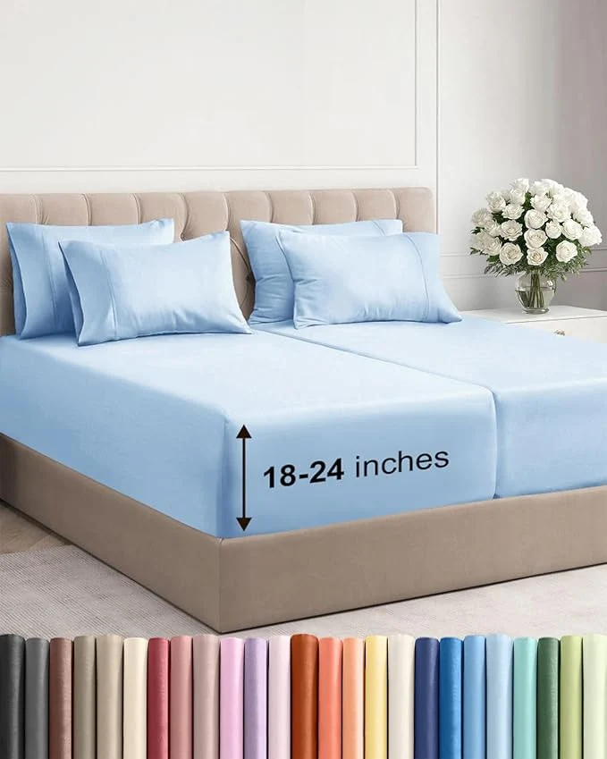 Fine Crafted Extra Deep Split King Sheet Set – 7 Piece Breathable and Cooling Sheets – Hotel Luxury Bedding for Women Men Kids amp Teens – Easy Secure Fit – Soft amp Wrinkle – Extra Deep Pockets – Light Blue Innovative