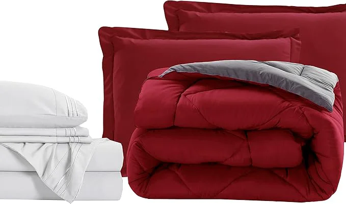 Fine Crafted Elegant Comfort 7-Piece Twin Size Bed-in-a-Bag – Luxury 1500 Thread Count Comforter amp Sheet Set Super Cozy Wrinkle and Stain Resistant Red Gray Trendy