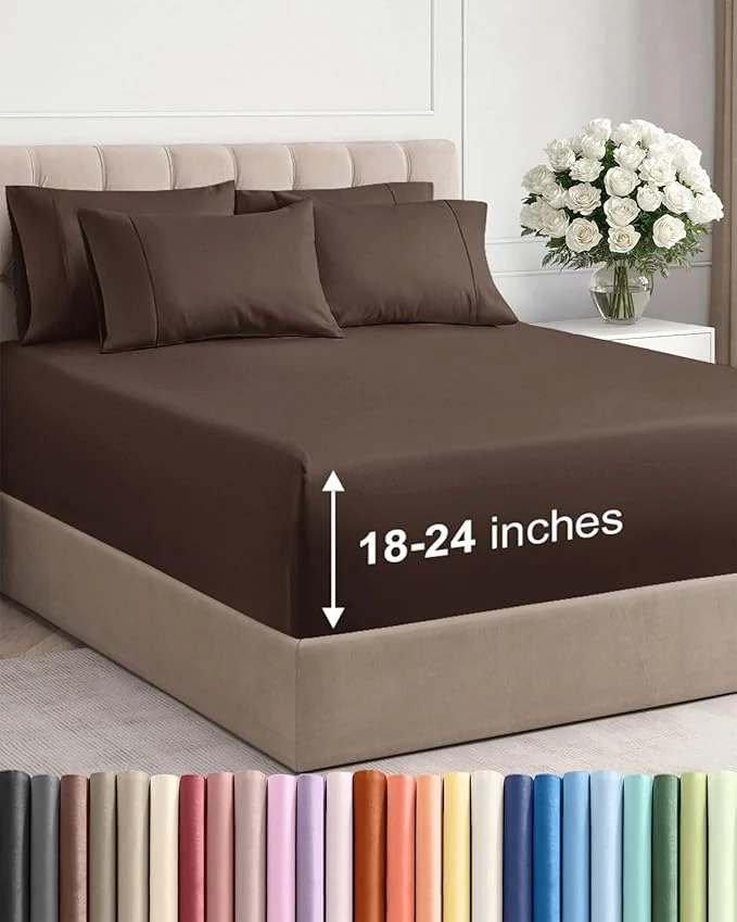 Unique Extra Deep Queen Sheet Set – 6 Piece Breathable and Cooling Sheets – Hotel Luxury Bedding for Women Men Kids amp Teens – Easy amp Secure Fit – Soft Wrinkle and Comfy – Extra Deep Pockets – Brown Advanced