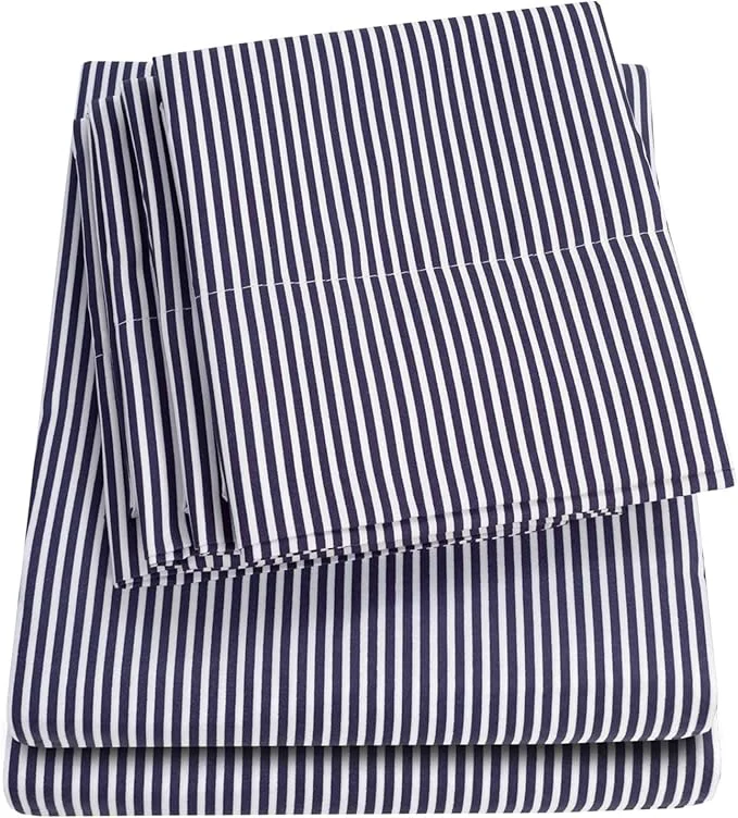 User-Friendly Cal King Size Bed Sheets – 6 Piece 1500 Supreme Deluxe Collection Deep Pocket Ultra Soft California King Sheet Set Bedding – 2 Extra Pillow Cases California King Classic Stripe Navy Luxury