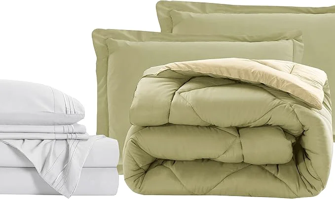 Flexible Elegant Comfort 7-Piece Twin Size Bed-in-a-Bag – Luxury 1500 Thread Count Comforter amp Sheet Set Super Cozy Wrinkle and Stain Resistant Sage Cream Premium Material