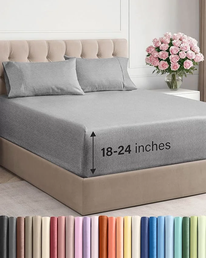 Easy-to-Use Extra Deep Twin XL Sheet Set – 4 Piece Breathable and Cooling Sheets – Hotel Luxury Bedding for Women Men Kids amp Teens – Easy Secure Fit – Soft amp Wrinkle – Extra Deep Pockets – Heathered Grey Versatile