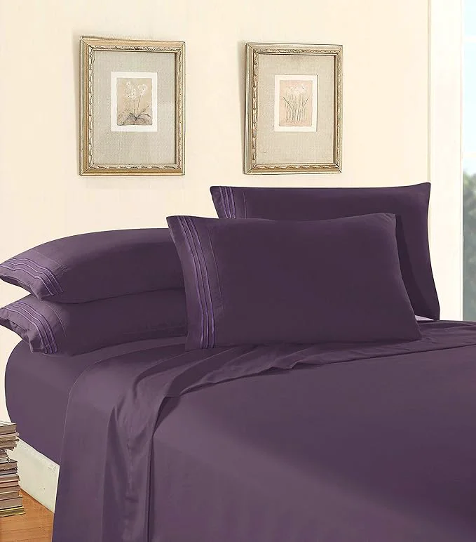 Outstanding Elegant Comfort Luxury 1500 Premium Hotel Quality Microfiber 5-Piece Sheet Set – Wrinkle Resistant All Around Elastic Fitted Sheet Deep Pocket up to 16 quot Split King Eggplant-Purple Specialty