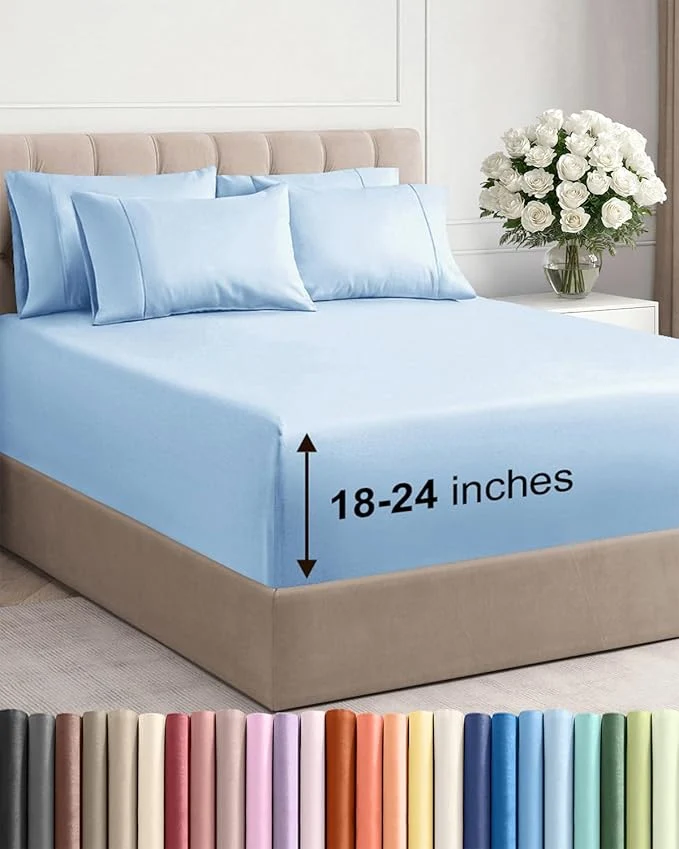 Environmentally Friendly Extra Deep Full Sheet Set – 6 Piece Breathable and Cooling Sheets – Hotel Luxury Bedding for Women Men Kids amp Teens – Easy amp Secure Fit – Soft Wrinkle amp Comfy – Extra Deep Pockets – Light Blue Healthy
