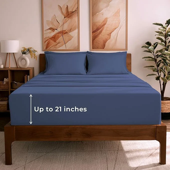 Selected Mellanni California King Sheet Set – 6-Piece Iconic Collection Bedding Including 4 Pillowcases 21-Inch Extra Deep Pocket Easy Care Ultra Soft Cooling Sheets Brushed Microfiber – Blue Nova Classic