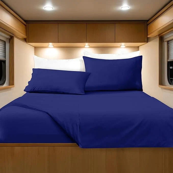 High-Performance Elegant Comfort Luxurious 1500 Premium Hotel Quality Microfiber Three Line Embroidered Softest 4-Piece Bed Sheet Set Wrinkle and Fade Resistant RV Short Queen Royal Blue Reliable