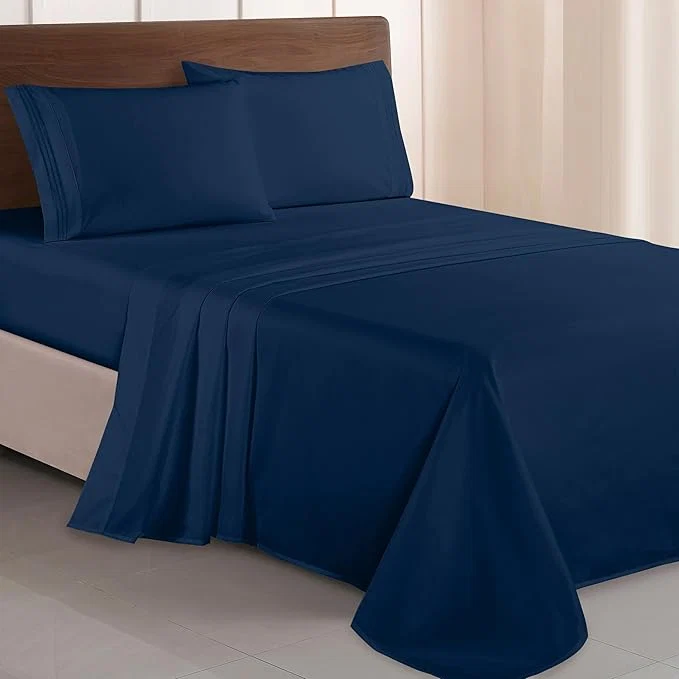 Original Elegant Comfort Luxurious 1500 Premium Hotel Quality Microfiber Three Line Embroidered Softest 4-Piece Bed Sheet Set Wrinkle and Fade Resistant Twin Twin XL Navy Blue Classic
