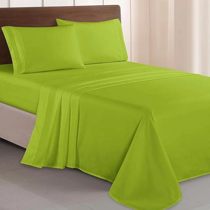 Excellent Elegant Comfort Luxurious 1500 Premium Hotel Quality Microfiber Three Line Embroidered Softest 4-Piece Bed Sheet Set Wrinkle and Fade Resistant King Lime Sustainable
