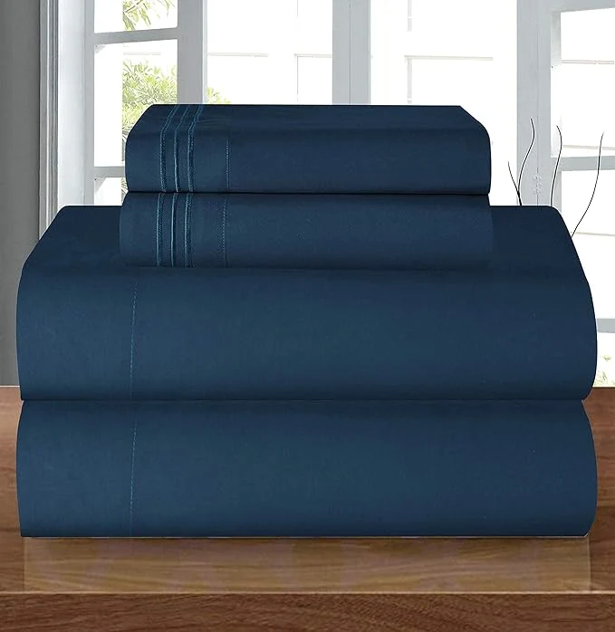 Dependable Elegant Comfort Luxury Soft 1500 Premier Egyptian 4-Piece Premium Hotel Quality Wrinkle Resistant Coziest Bedding Set All Around Elastic Fitted Sheet Deep Pocket up to 16inch Queen Navy Blue Functional