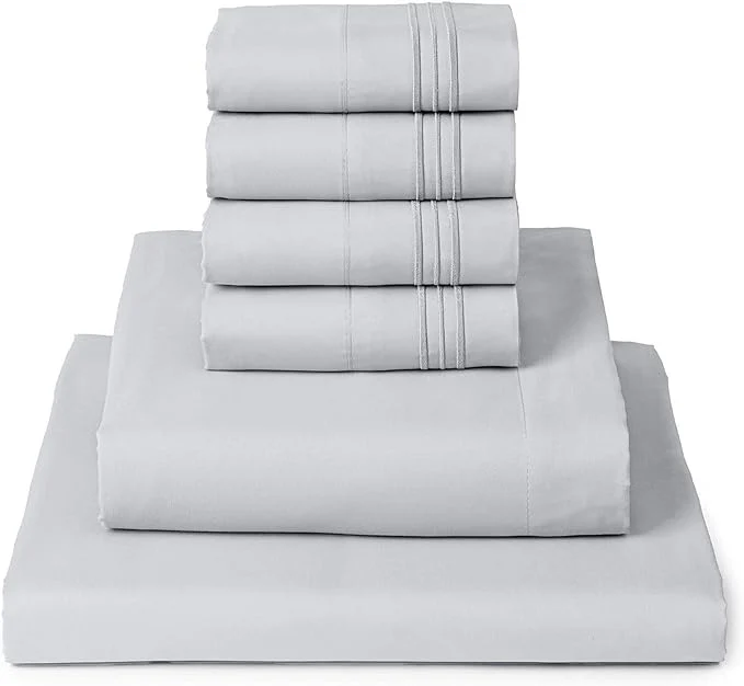 Luxury Mellanni Queen Sheet Set – 6-Piece Iconic Collection Bedding Including 4 Pillowcases 16-Inch Deep Pocket Easy Care Extra Soft Cooling Sheets Brushed Microfiber – Light Gray Recyclable