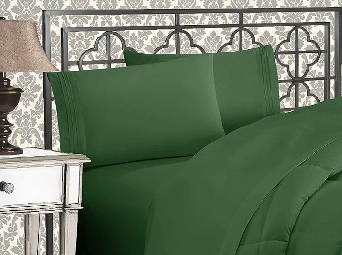 Elegant Comfort Luxurious 1500 Premium Hotel Quality Microfiber Three Line Embroidered Softest 4-Piece Bed Sheet Set Wrinkle and Fade Resistant California King Hunter Green Modern