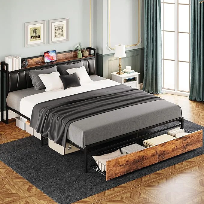 High-Performance LIKIMIO California King Size Bed Frame Storage Headboard with Charging Station Platform Bed with Drawers No Box Spring Needed Easy Assembly Vintage Brown and Black Long-Lasting