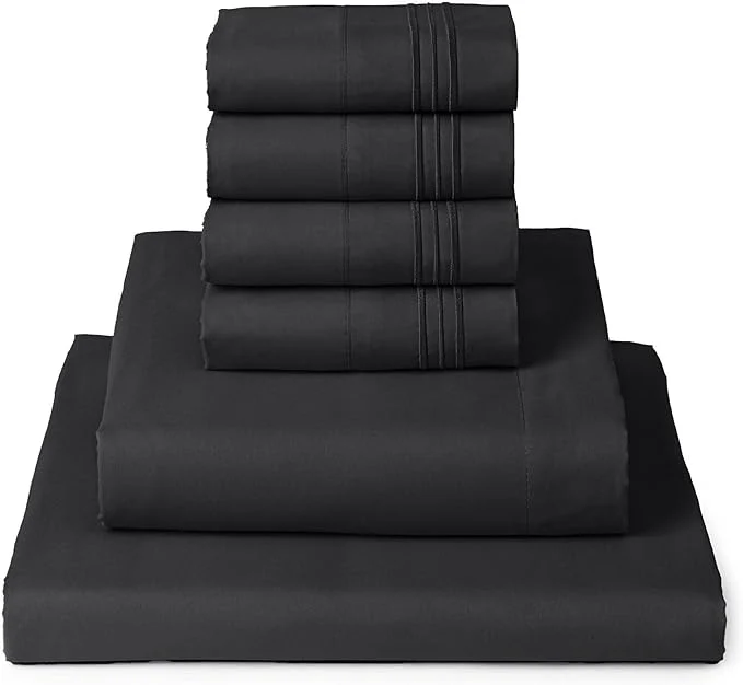Expertly Made Mellanni King Sheet Set – 6-Piece Iconic Collection Bedding Including 4 Pillowcases 16-Inch Deep Pocket Easy Care Extra Soft Cooling Sheets Brushed Microfiber – Black Smart