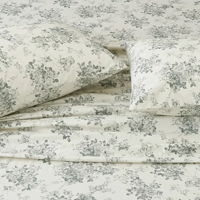 Reusable DAUAOTO Cotton Bedding Printed Sheets Set for Queen Size Bed Up to 14 quot Deep Mattress Toile Rose Floral Pattern Bedlinen Sets Gray Fast
