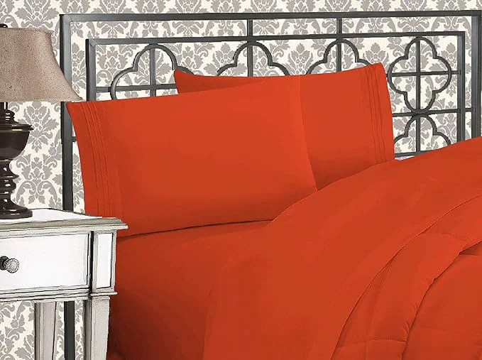 Fine Crafted Elegant Comfort Luxurious 1500 Premium Hotel Quality Microfiber Three Line Embroidered Softest 4-Piece Bed Sheet Set Wrinkle and Fade Resistant California King Rust Versatile