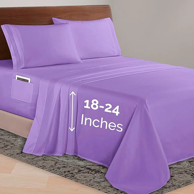 Modern Elegant Comfort Luxurious 1500 Premium Hotel Quality Microfiber 4-Piece Sheet Set 18-24 Inches Deep – Extra Deep Pocket Sheets – Ultra Soft 4PC Deep Pocket Sheets Queen Lavender Unique