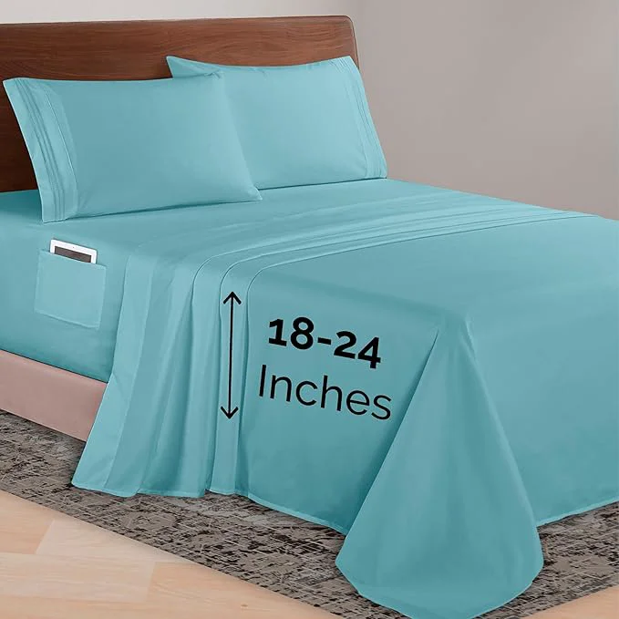 High-End Elegant Comfort Luxurious 1500 Premium Hotel Quality Microfiber 4-Piece Sheet Set 18-24 Inches Deep – Extra Deep Pocket Sheets – Ultra Soft 4PC Deep Pocket Sheets Queen Aqua Blue Prestigious