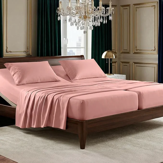 Versatile Elegant Comfort Luxurious 1500 Premium Hotel Quality Microfiber Three Line Embroidered Softest 5-Piece Bed Sheet Set Wrinkle and Fade Resistant Split King Dusty Rose Detailed