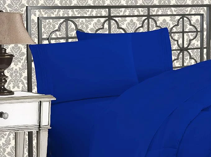 Refined Elegant Comfort Luxurious 1500 Premium Hotel Quality Microfiber Three Line Embroidered Softest 4-Piece Bed Sheet Set Wrinkle and Fade Resistant California King Royal Blue Smooth