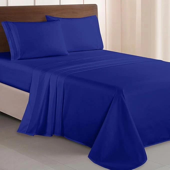 Trusted Elegant Comfort Luxurious 1500 Premium Hotel Quality Microfiber Three Line Embroidered Softest 4-Piece Bed Sheet Set Wrinkle and Fade Resistant King Royal Blue