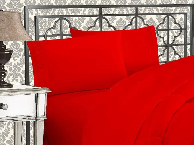 Certified Elegant Comfort Luxurious 1500 Premium Hotel Quality Microfiber Three Line Embroidered Softest 4-Piece Bed Sheet Set Wrinkle and Fade Resistant California King Red
