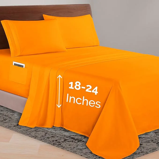 Elite Elegant Comfort Luxurious 1500 Premium Hotel Quality Microfiber 4-Piece Sheet Set 18-24 Inches Deep – Extra Deep Pocket Sheets – Ultra Soft 4PC Deep Pocket Sheets Queen Orange Eco-Friendly