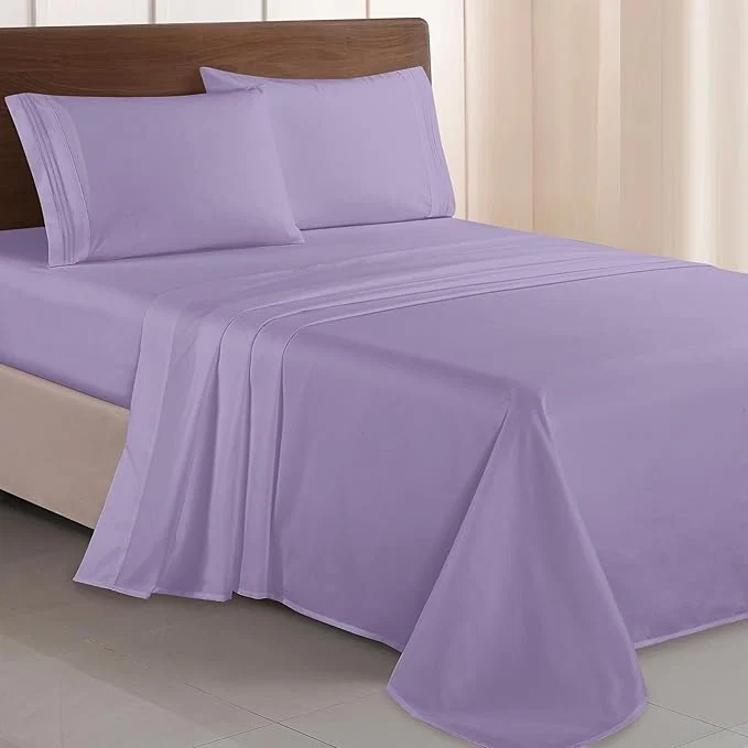 High-Grade Elegant Comfort Luxurious 1500 Premium Hotel Quality Microfiber Three Line Embroidered Softest 4-Piece Bed Sheet Set Wrinkle and Fade Resistant Queen Lavender Long-Lasting