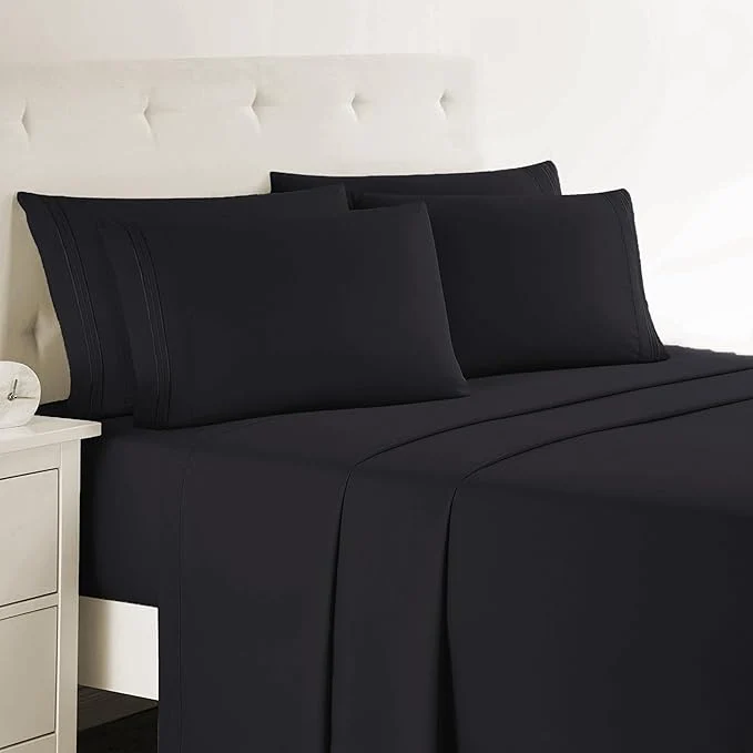 Original Design Clara Clark Queen Sheets 6 Piece Set – Hotel Luxury Sheets for Queen Size Bed Super Soft Bedding Set Black Minimalist