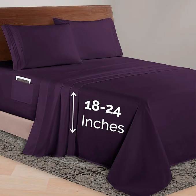 Superior Elegant Comfort Luxurious 1500 Premium Hotel Quality Microfiber 4-Piece Sheet Set 18-24 Inches Deep – Extra Deep Pocket Sheets – Ultra Soft 4PC Deep Pocket Sheets Twin Twin XL Eggplant-Purple Prestigious