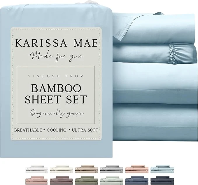 Safe KARISSA MAE Cooling Bamboo Viscose 34 quot Split Top King Sheet Set FSC 18 Deep Pocket Silky Soft amp Hypoallergenic with Organizer Band amp Elastic Corner Straps Coastal Blue Solid