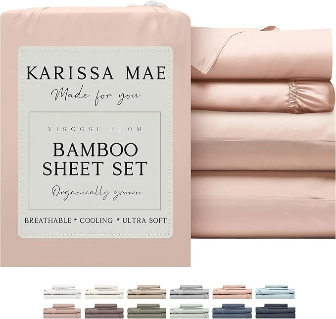 Elite KARISSA MAE Cooling Bamboo Viscose Split King Sheet Set FSC 18 Deep Pocket Silky Soft amp Hypoallergenic with Organizer Band amp Elastic Corner Straps Pink Peony Refined