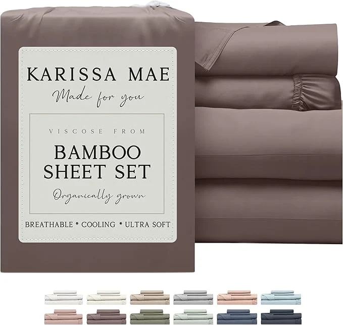 Detailed KARISSA MAE Cooling Bamboo Viscose Queen Sheet Set FSC 18 Deep Pocket Silky Soft amp Hypoallergenic with Organizer Band amp Elastic Corner Straps Mocha Selected