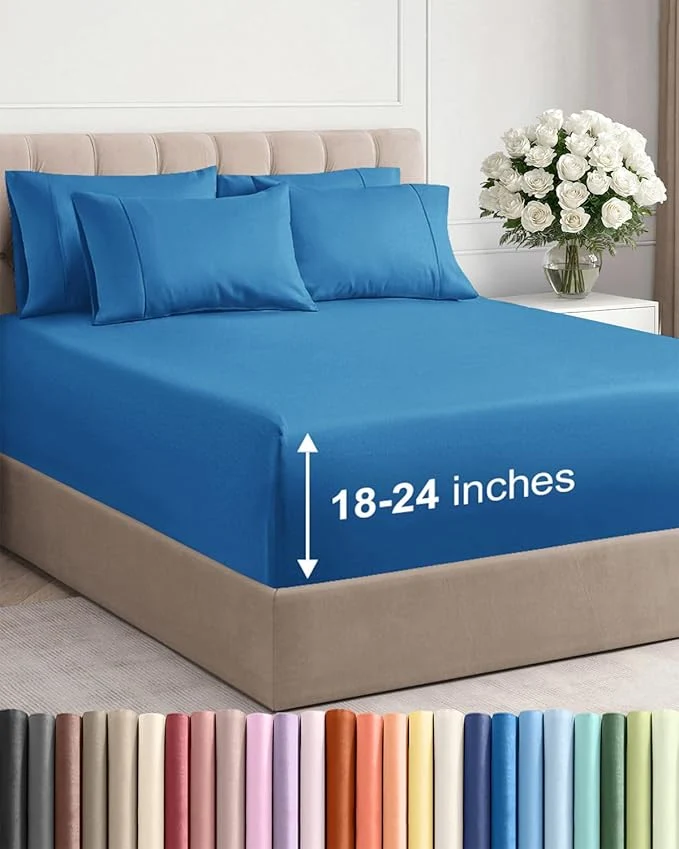 Reliable Extra Deep Full Sheet Set – 6 Piece Breathable and Cooling Sheets – Hotel Luxury Bedding for Women Men Kids amp Teens – Easy amp Secure Fit – Soft Wrinkle amp Comfy – Extra Deep Pockets – Denim Blue Classic